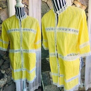 Vintage Mexico Yellow Cotton Lace Trim Tunic Top XXL Beautiful for Mother’s Day